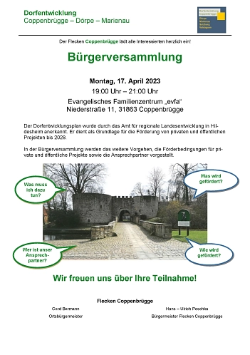 Einladung zur Bürgerversammlung am 17.04.2023 zum Thema Dorfentwicklung © Gemeinde Coppenbrügge