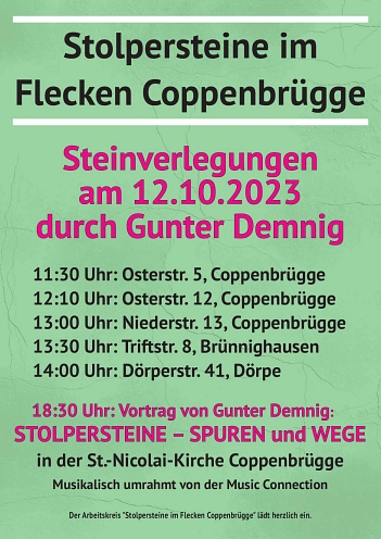 Plakat-Stolpersteine-Verlegung-121023.jpg © Arbeitskreises 'Stolpersteine im Flecken Coppenbrügge'